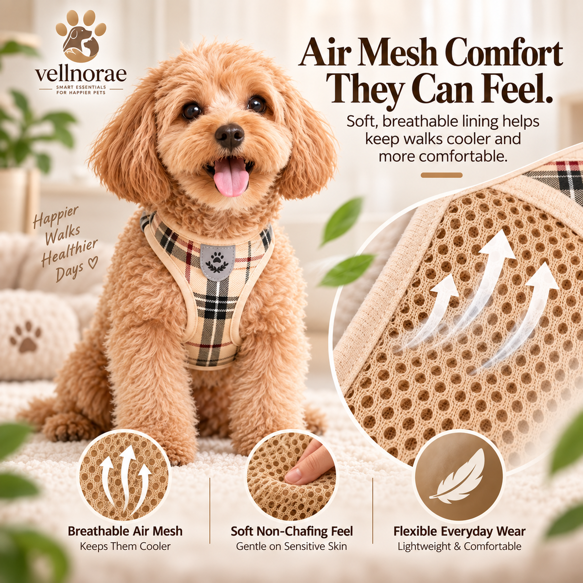 vellnorae® Breathable Mesh Dog Harness for Small to Medium Dogs